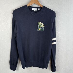 Lacoste Mens Crew Neck Pennant Letterman Varsity Sweater Size S Navy Cotton Wool